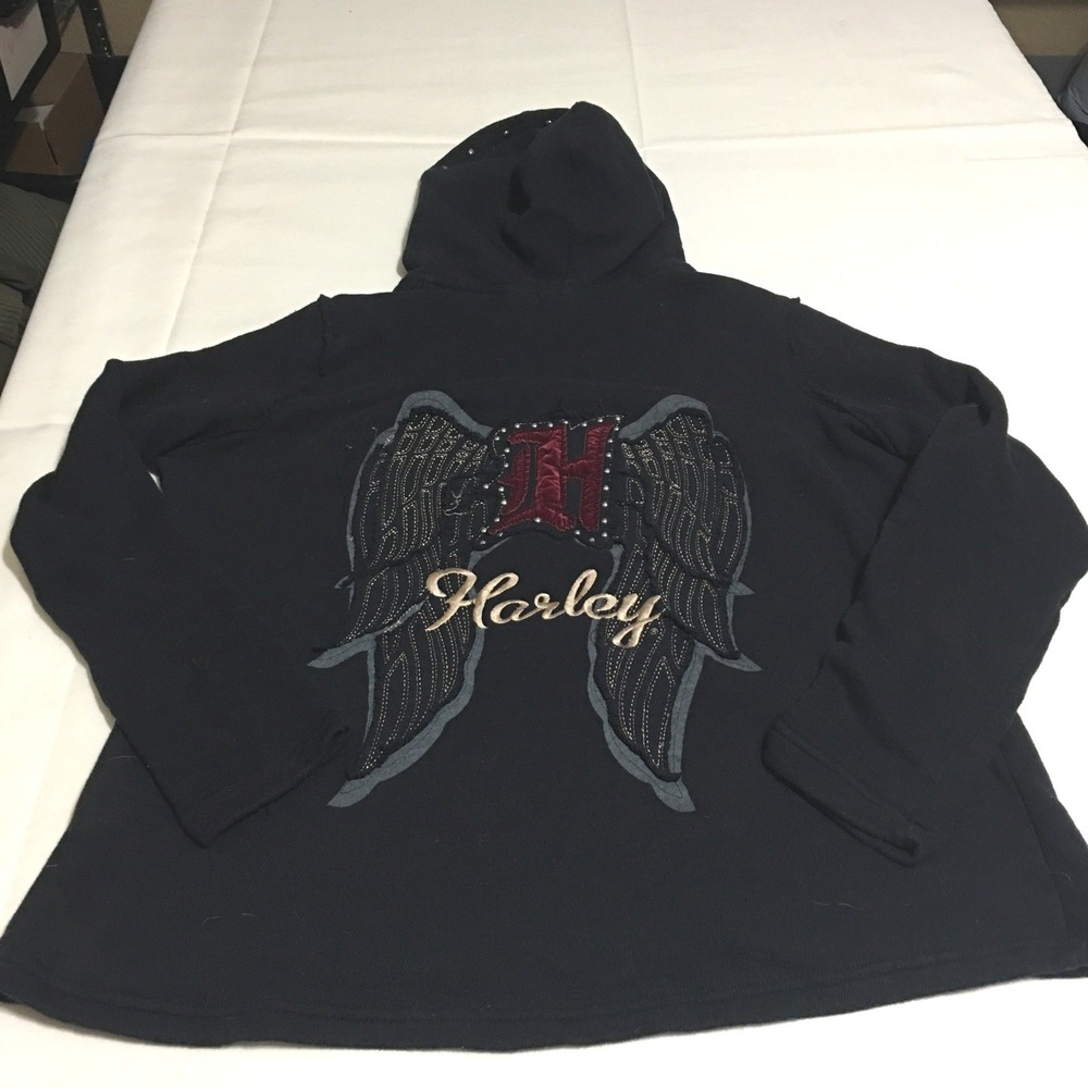Harley Davidson Hoodie Womens Large Black Studded Wing Graphic Pullover Y2K